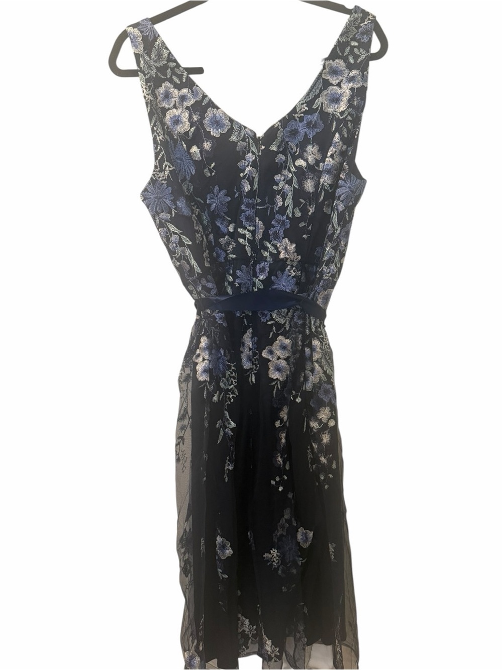Alex Evenings Chiffon Dress 14 Navy Embroidered Floral Midi A-Line NWT $199 - Picture 7 of 9